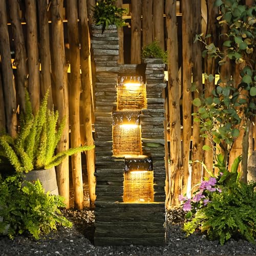 Water Fountain Outdoor Indoor - Modern Waterfall Garden Freestanding Fountain Curved Surface Artistry Design with LED Lights and Light Strip for Home Decor Patio Yard Pool,37.4 inches Tall