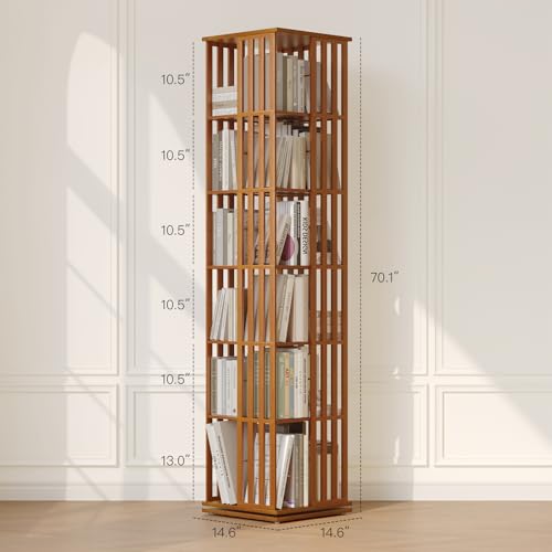 Rotating Bookshelf Tower, 360 Spinning Bamboo Bookcase, 6 Tier Floor Standing Storage Rack U3081