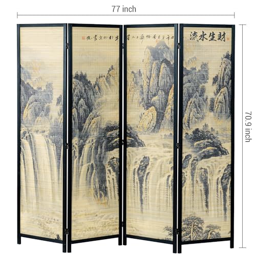 4-Panel Folding Bamboo Room Divider with Cherry Blossom Scene B61114
