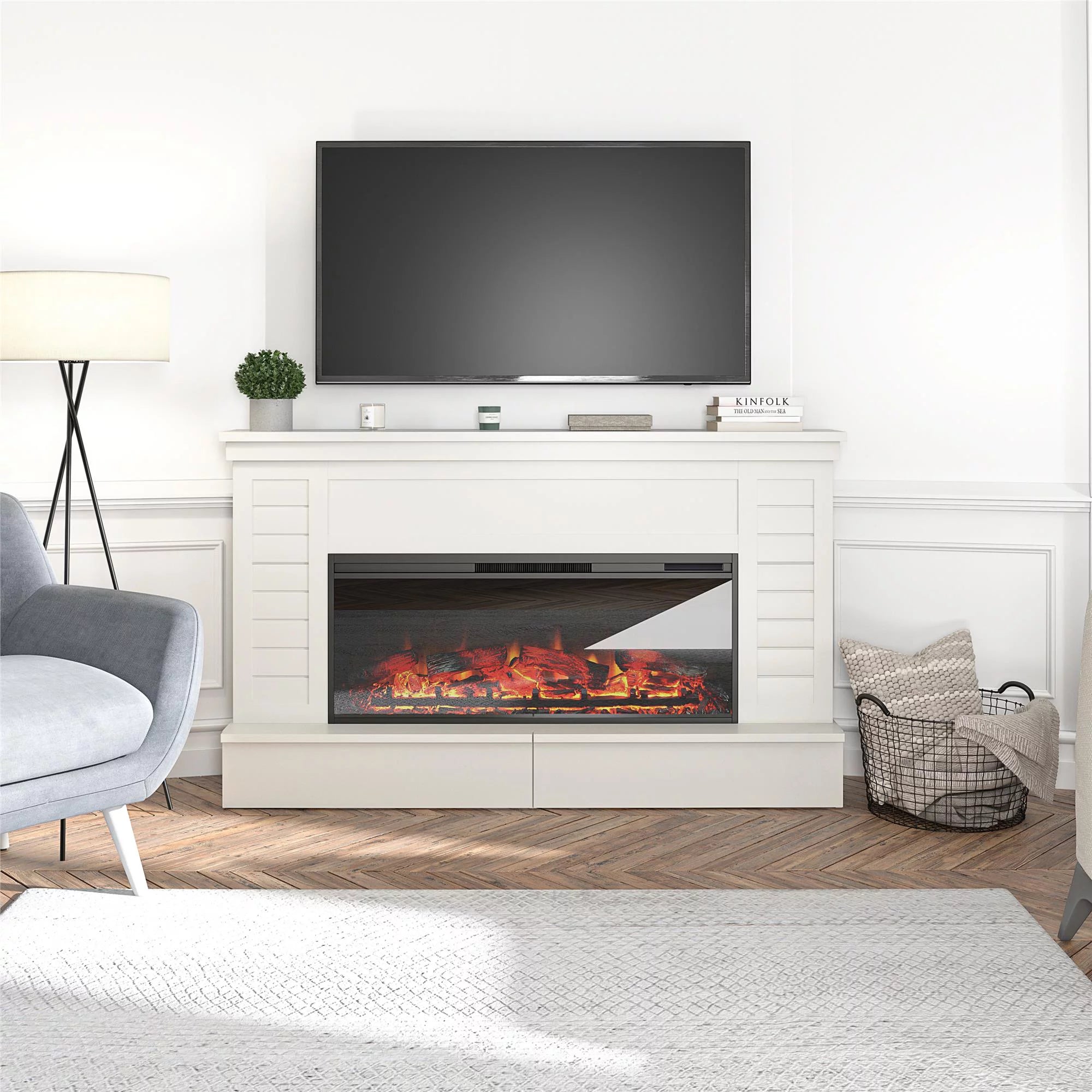 White Shiplap Mantel with Electric Fireplace and Storage Drawers J37651