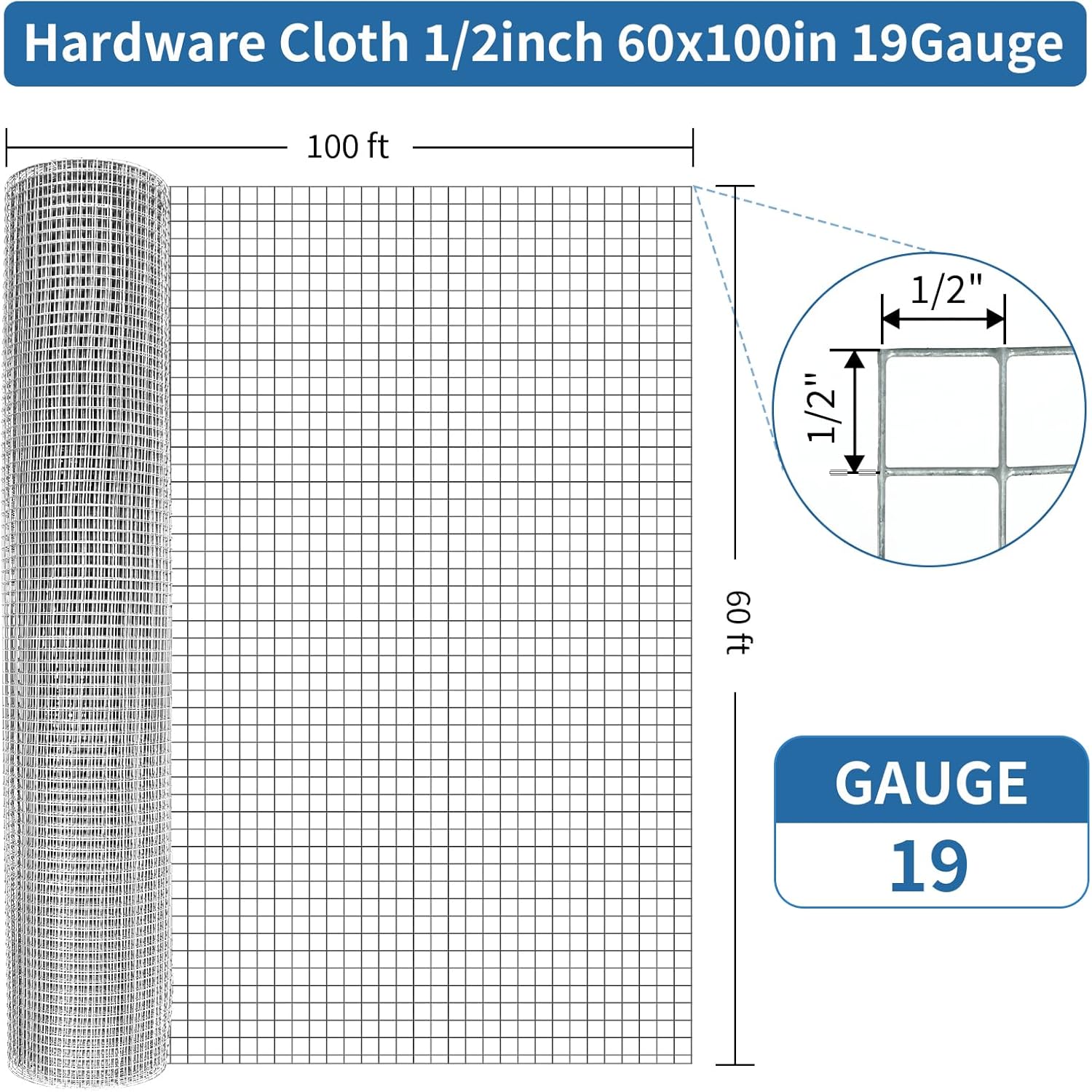 1/2in 23 Gauge Hardware Cloth 60in x 100ft Galvanized Mesh Roll M4582