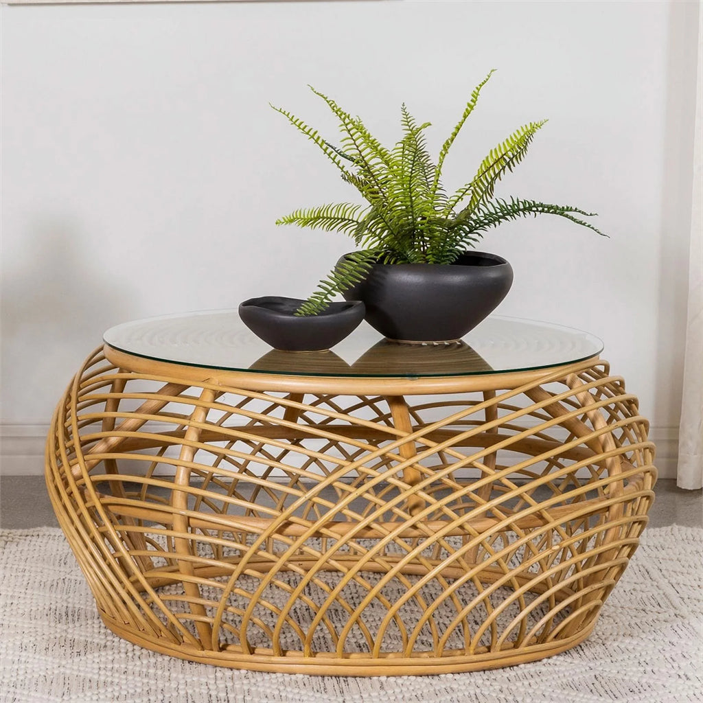 Round Glass Top Woven Rattan Coffee Table N1393