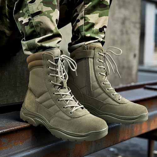 Men's Military Tactical Work Boots Side Zipper Leather Motorcycle Combat Boots N655026
