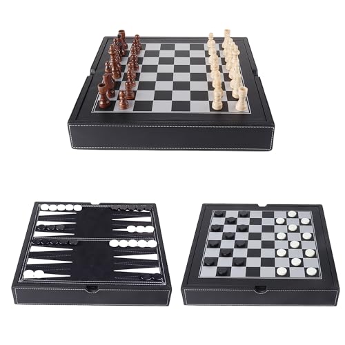 16" 3-in-1 Wooden Folding Chess, Checker & Backgammon Board Game Set L259