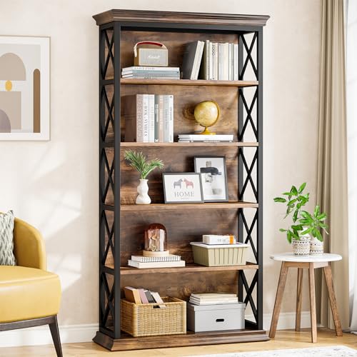 6-Tier Industrial Bookcase, 71 Inches Tall, Floor Standing Storage Shelves for Home Office, Brown and Black V7912