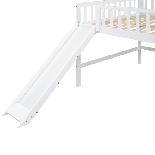 Wood House Loft Bed Frame with Slide and Storage Shelves Z806