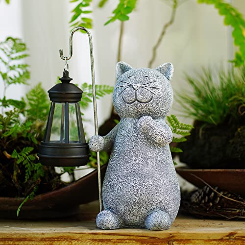 Solar Garden Cat Statue with Lantern for Patio Yard B489
