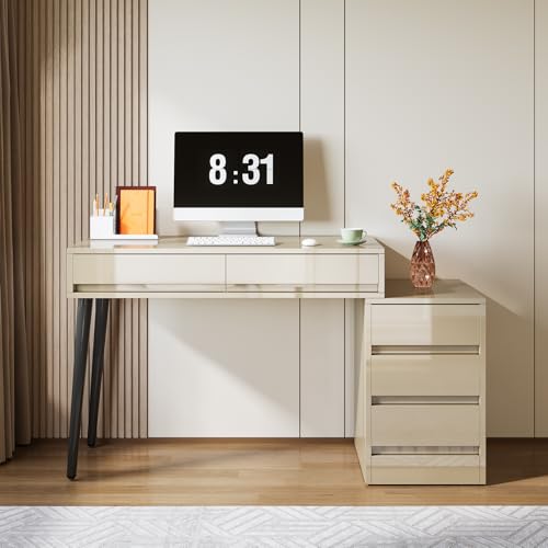 Gloss Desk with 5 Drawers, Modern Home Office Desk with Storage and Printer Stand W15196