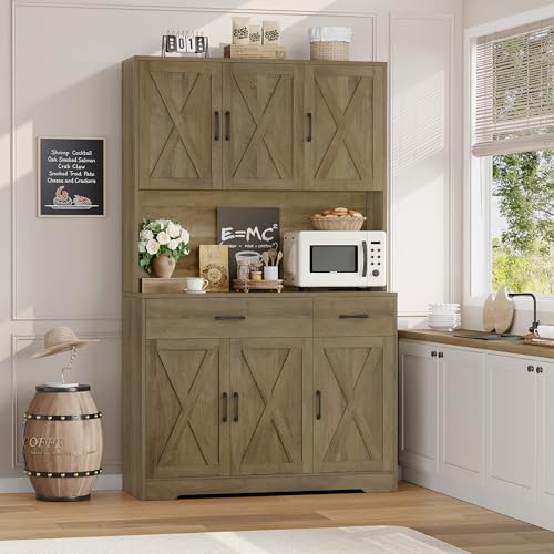 71" Tall Pantry Cabinet with Charging Station and Microwave Stand L63097