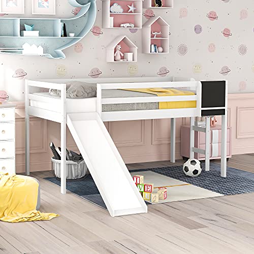 Wood House Loft Bed Frame with Slide and Storage Shelves Z806
