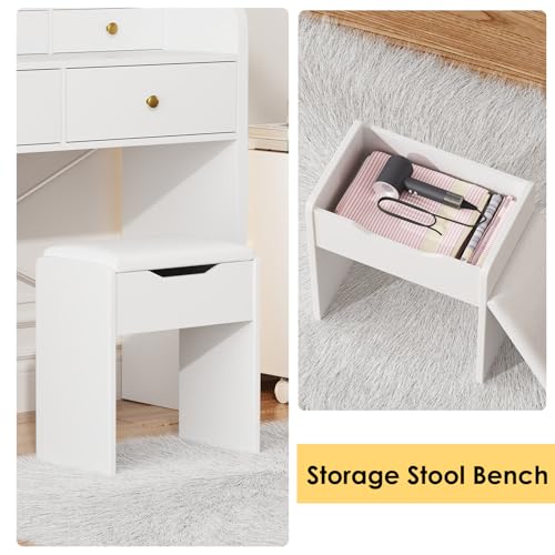 Vanity Desk with Mirror and Lights, Makeup Table with Drawers and Stool B20199