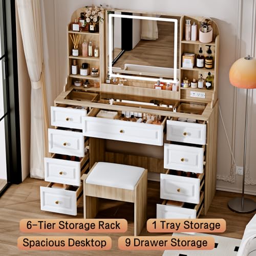 Makeup Vanity Desk with Mirror and Lights, Glass Top, 9 Drawers M5813