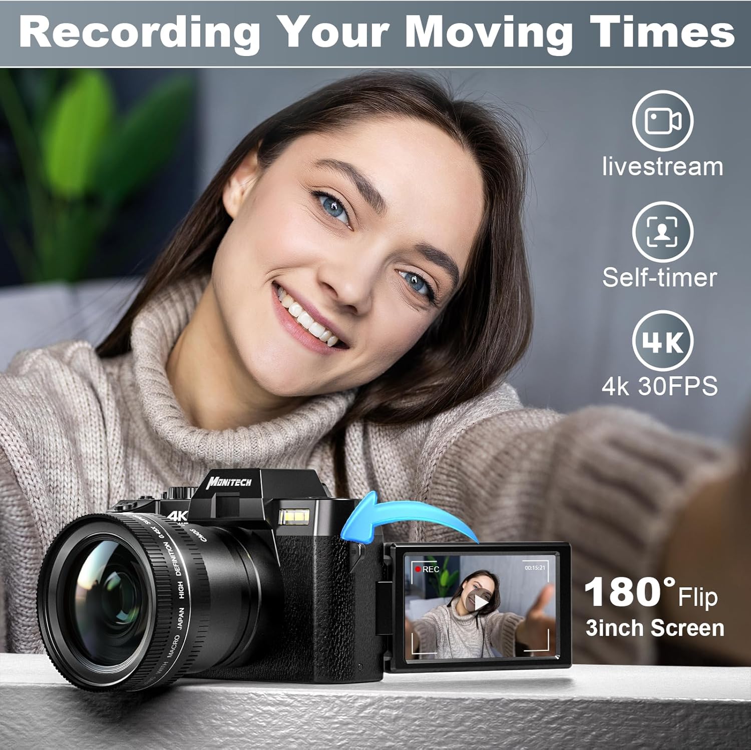 4K Digital Camera for Photography, 48MP Vlogging Camera with Flip Screen, 16X Zoom, Autofocus Q392083