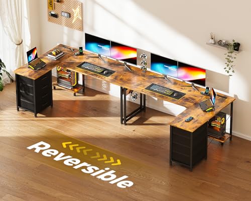 L Shaped Desk with 4 Tier Drawers, Power Outlets & USB, Corner Computer Desk with CPU Stand U4256