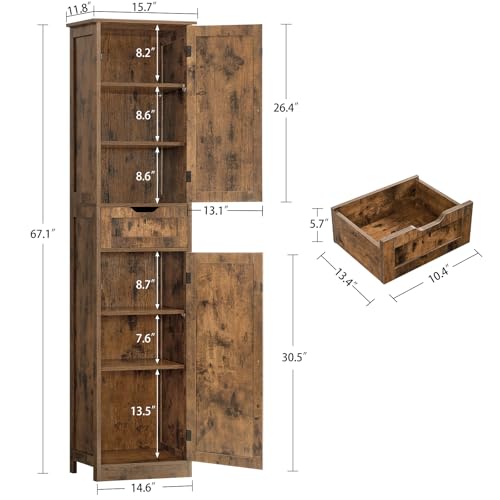 67" Tall Bathroom Cabinet with 2 Doors and 1 Drawer, Adjustable Shelves T930834