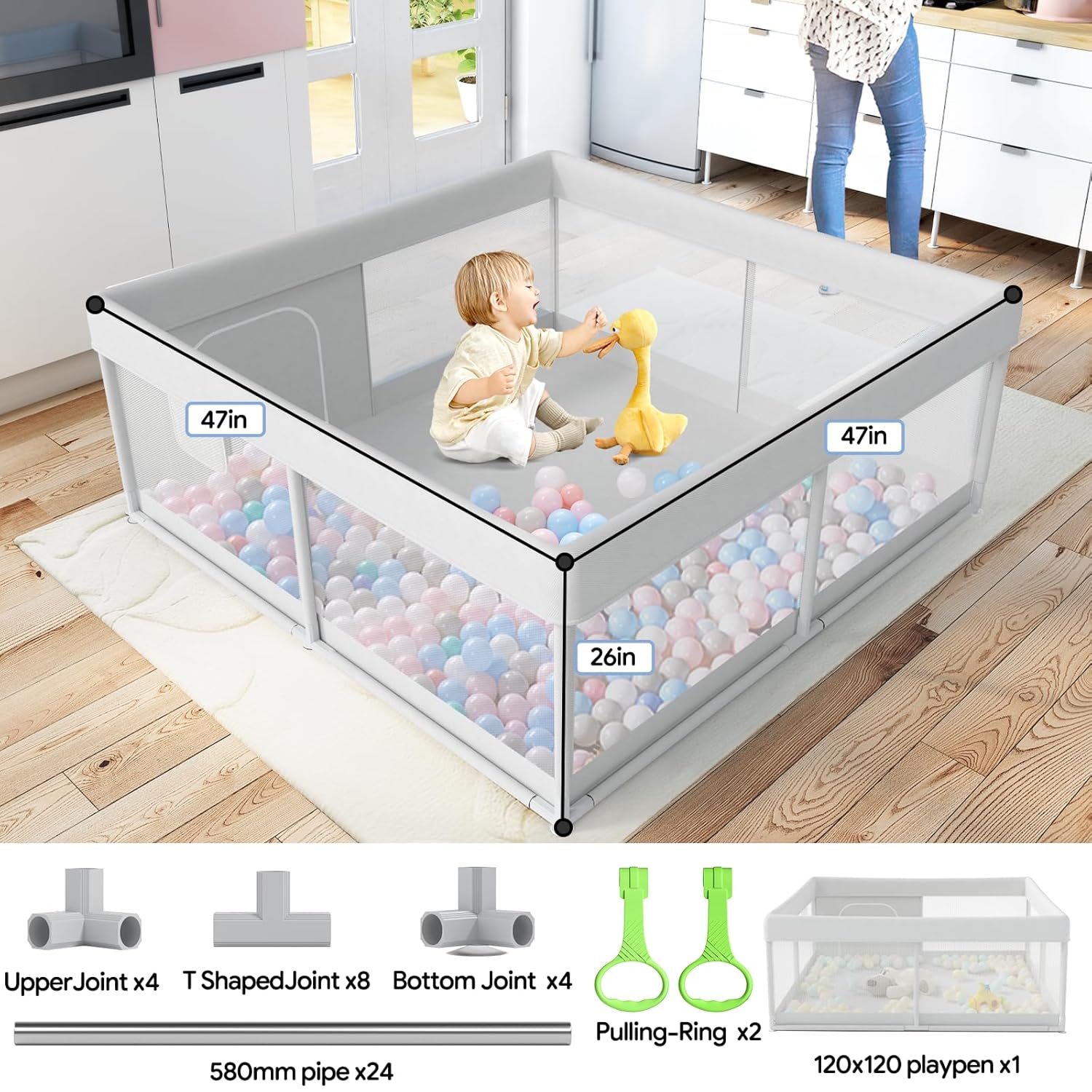 Baby Playpen 47x47 inch for Toddlers, Safety Non-Slip Indoor & Outdoor V8243