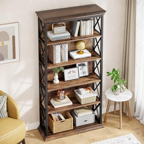 6-Tier Industrial Bookcase, 71 Inches Tall, Floor Standing Storage Shelves for Home Office, Brown and Black V7912
