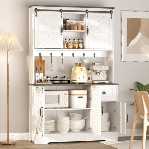 Kitchen Pantry Cabinet with Charging Station and Microwave Stand, White A481