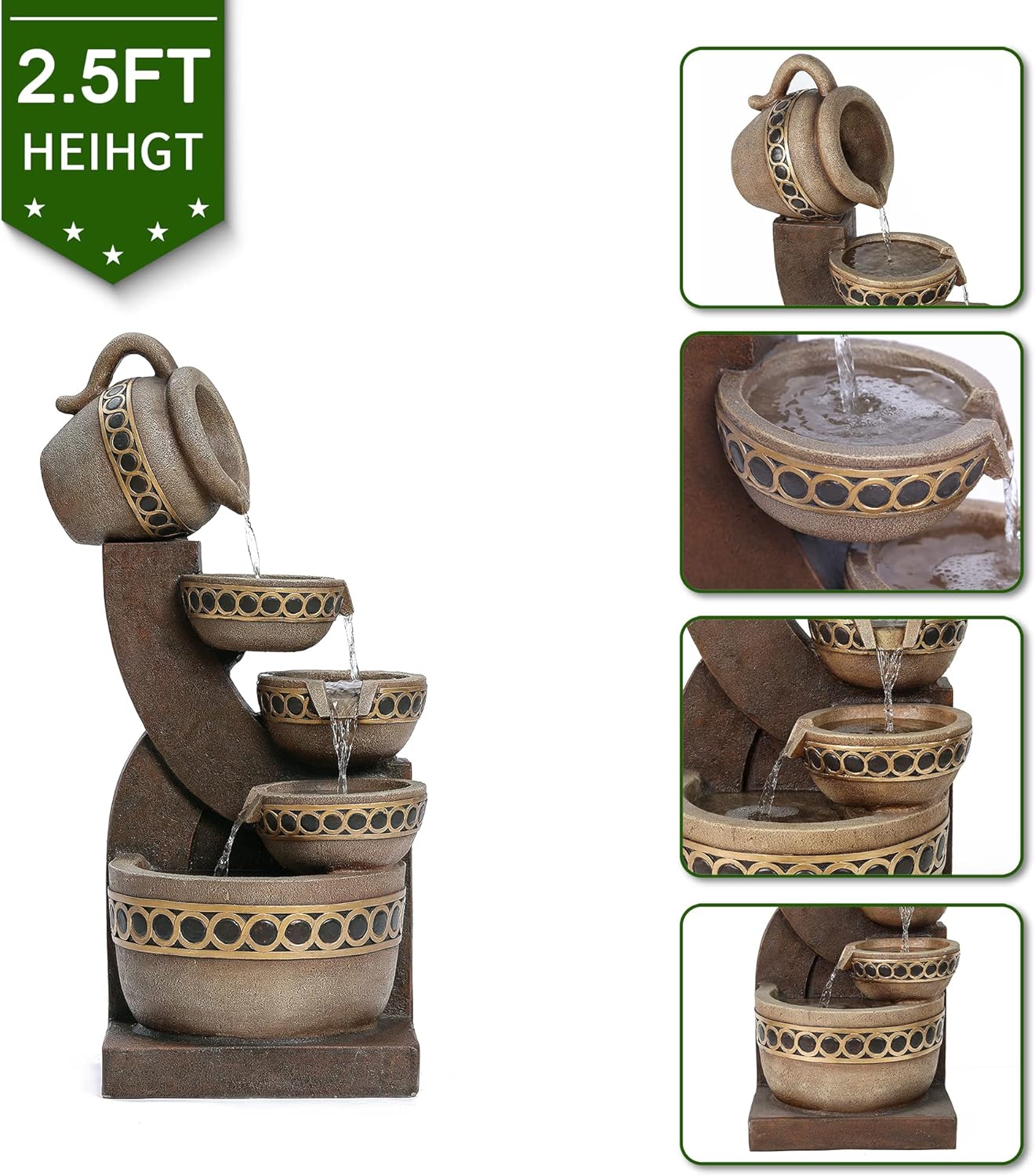 Outdoor Water Fountain, 5 Tiered Cascading Pitchers for Patio and Garden P44741