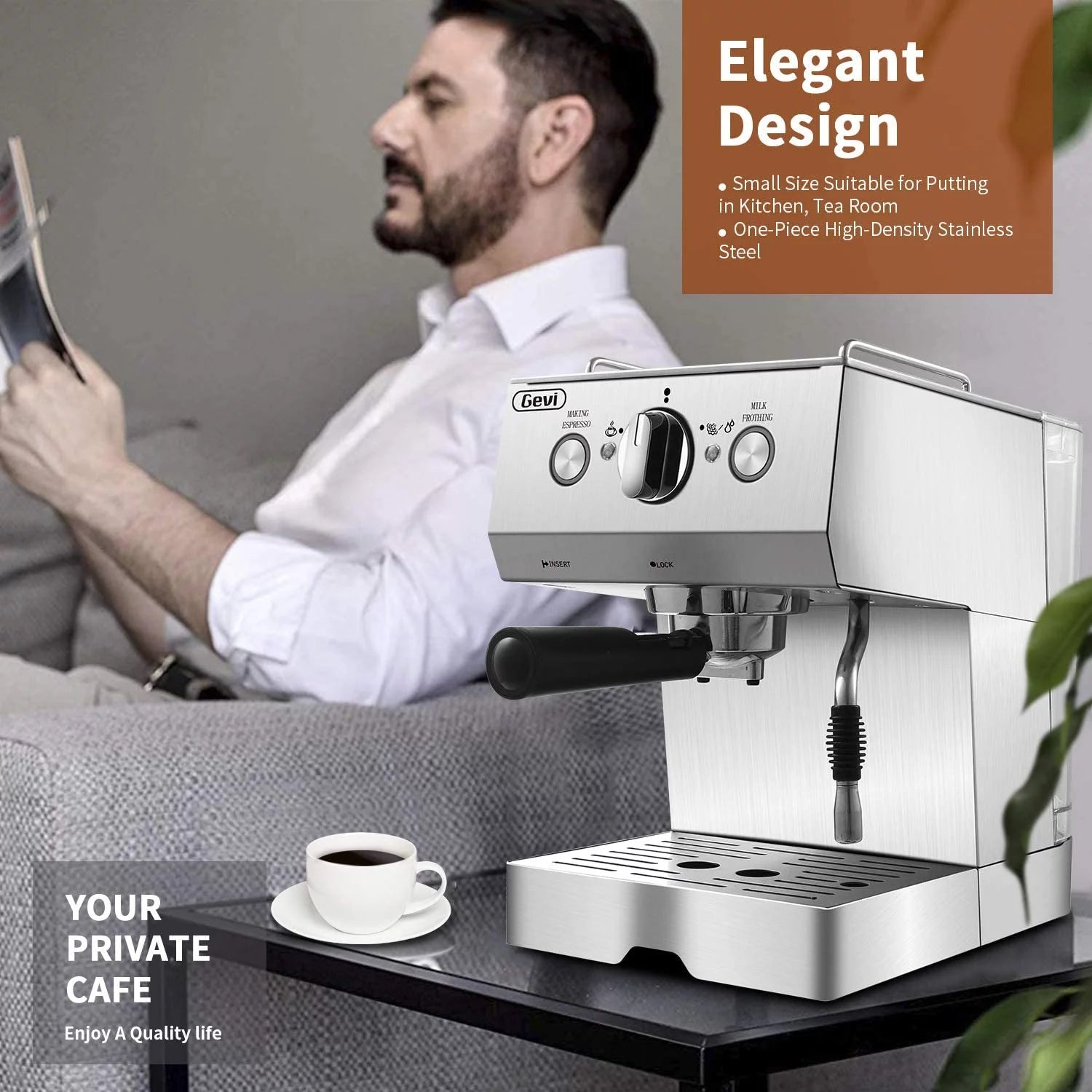 Silver Stainless Steel 15 Bar Espresso Machine with Milk Frother Q6040