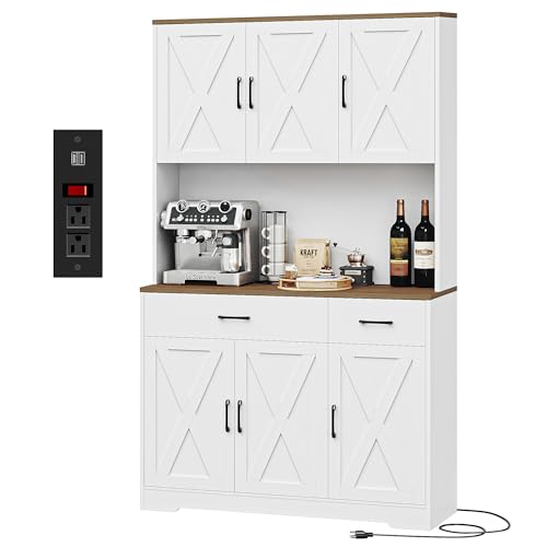 HOSTACK 71" Pantry Cabinet with Charging Station, Tall Kitchen Pantry Storage Cabinet with Microwave Stand, Farmhouse Kitchen Hutch with Storage Drawers for Living Room, Dining Room, Black