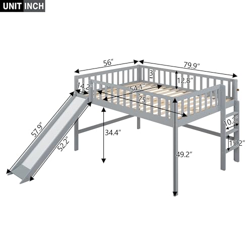 Wood House Loft Bed Frame with Slide and Storage Shelves Z806