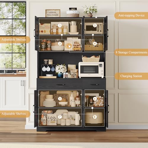 71" Tall Pantry Cabinet with Charging Station and Microwave Stand L63097