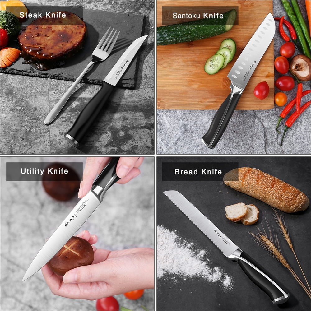 15-Piece Kitchen Knife Set with Wooden Block, Rust Proof, Black Handle I295515