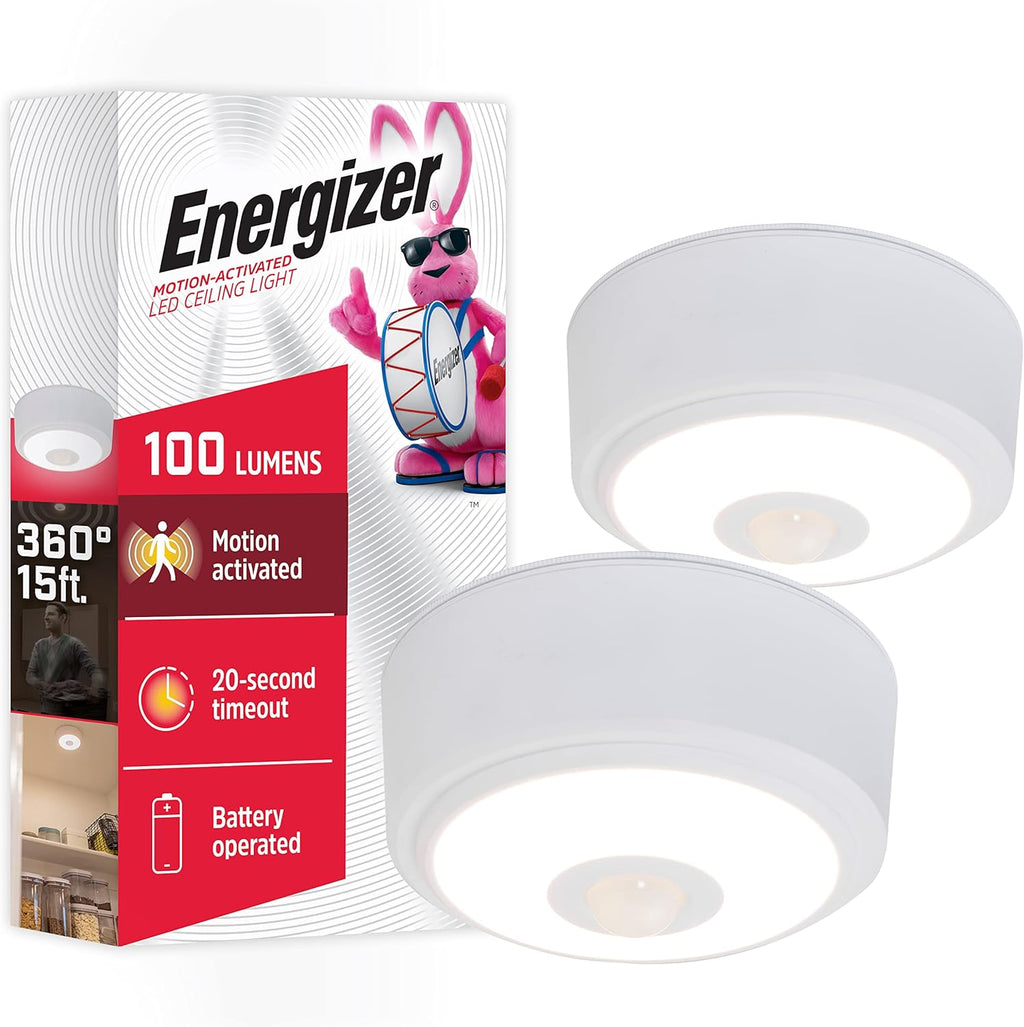 Energizer Motion Activated LED Ceiling Light, 2 Pack, Battery Operated, 100 Lumens, Wireless, Ceiling Light No Electricity, Ideal for Laundry Room, Shed, Basement and More, 58347