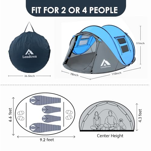 4 Person Pop Up Tent Waterproof Automatic Setup 2 Doors for Camping Hiking Traveling T63223
