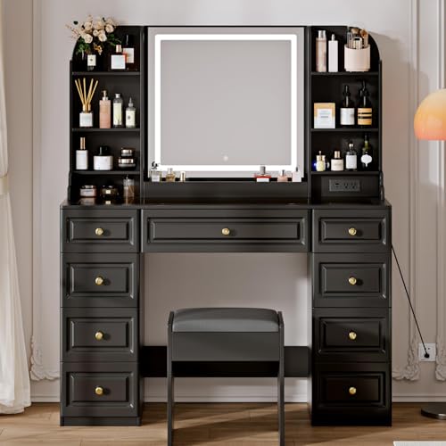 Makeup Vanity Desk with Mirror and Lights, Glass Top, 9 Drawers M5813
