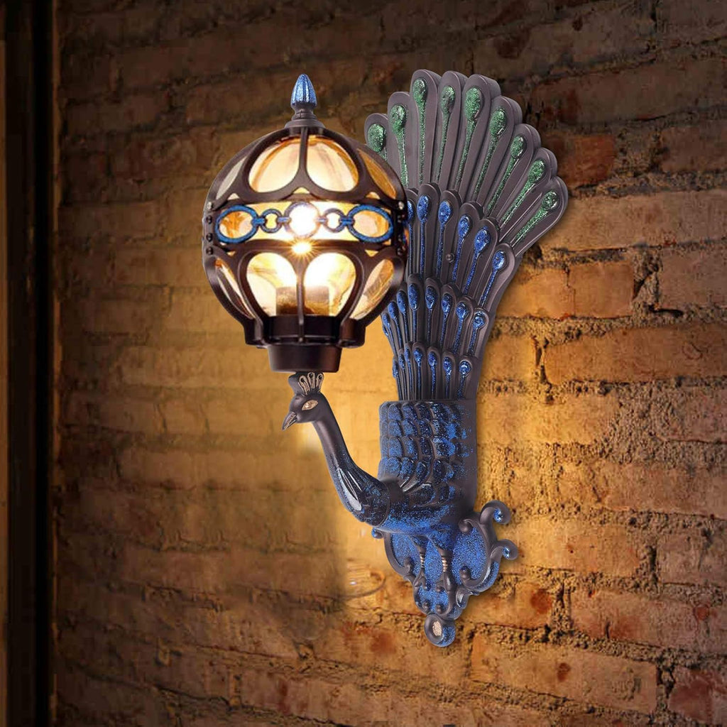 Peacock Wall Light Sconces, Metal and Glass Stained Wall Lamp Lighting LED Antique Wall Mounted Lamp,Peacock Shades Bedroom Bedside Wall Sconces Fixture,E27