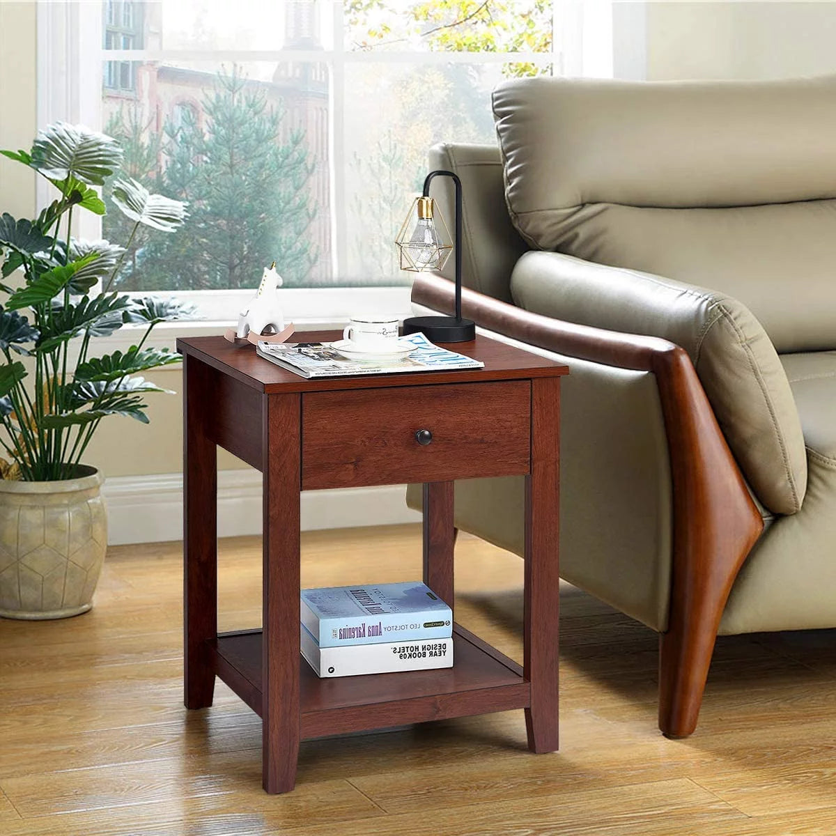 Wooden 2-Tier End Table with Drawer and Storage Shelf Q1759