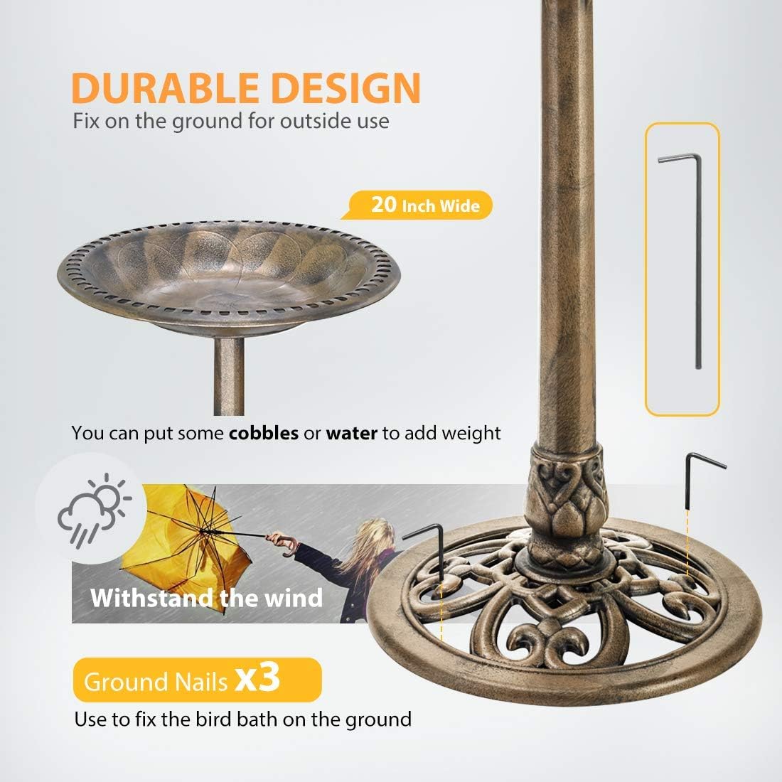 Copper Garden Bird Bath with Solar Powered Fountain D79341