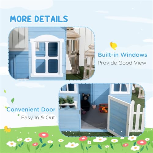 Wooden Playhouse for Kids with Bench, Door, Windows and Shelf F422