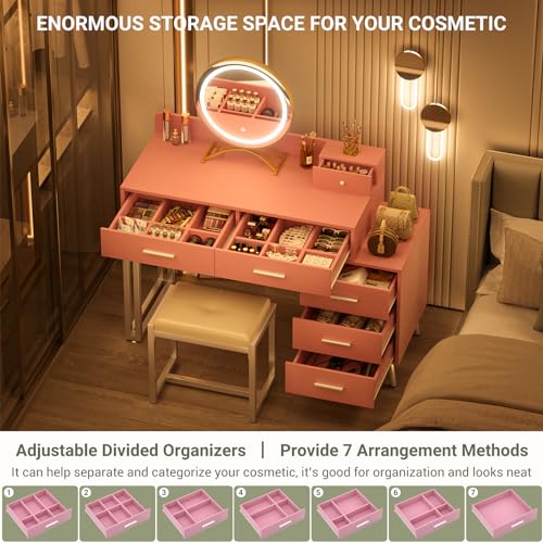 White Vanity Desk with Mirror and Lights, 6 Drawers and Stool Z334