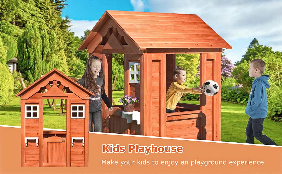 Outdoor Wood Playhouse for Kids Ages 3-6 with Door and Windows K869699