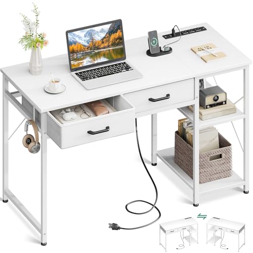 Small Computer Desk with Drawers & Power Outlet for Bedroom, Home Office M131