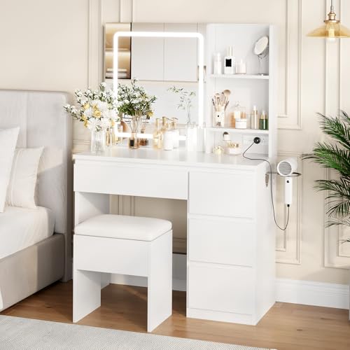 Vanity Desk with Mirror and Lights, 4 Drawers and Storage Stool D711