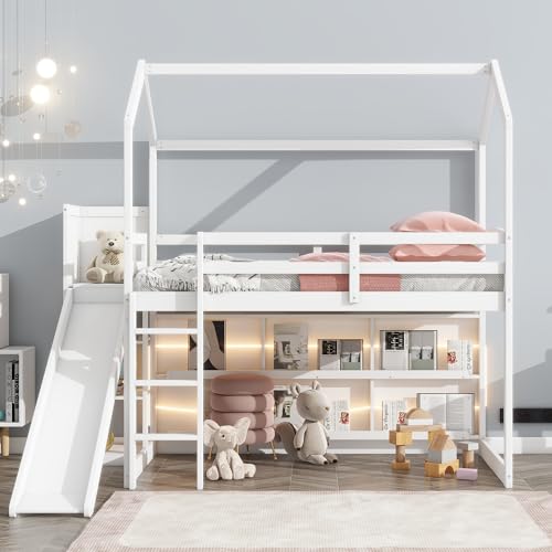 Wood House Loft Bed Frame with Slide and Storage Shelves Z806