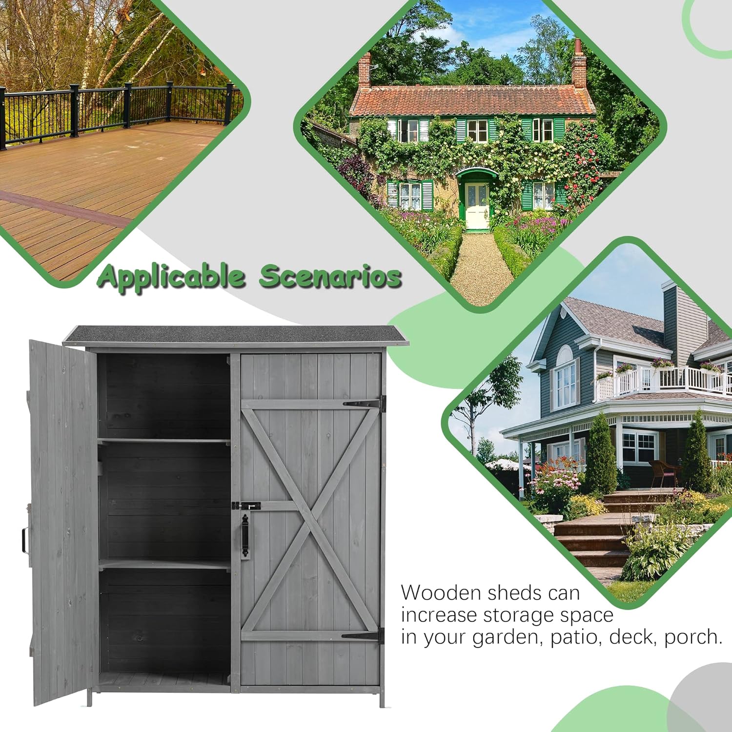 Outdoor Storage Shed, Wood Garden Cabinet with 2 Lockable Doors and Shelves E220316