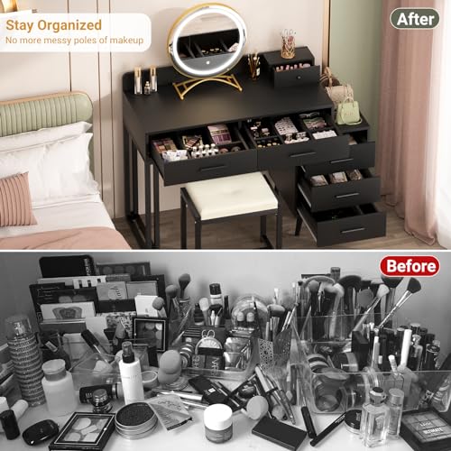 White Vanity Desk with Mirror and Lights, 6 Drawers and Stool Z334