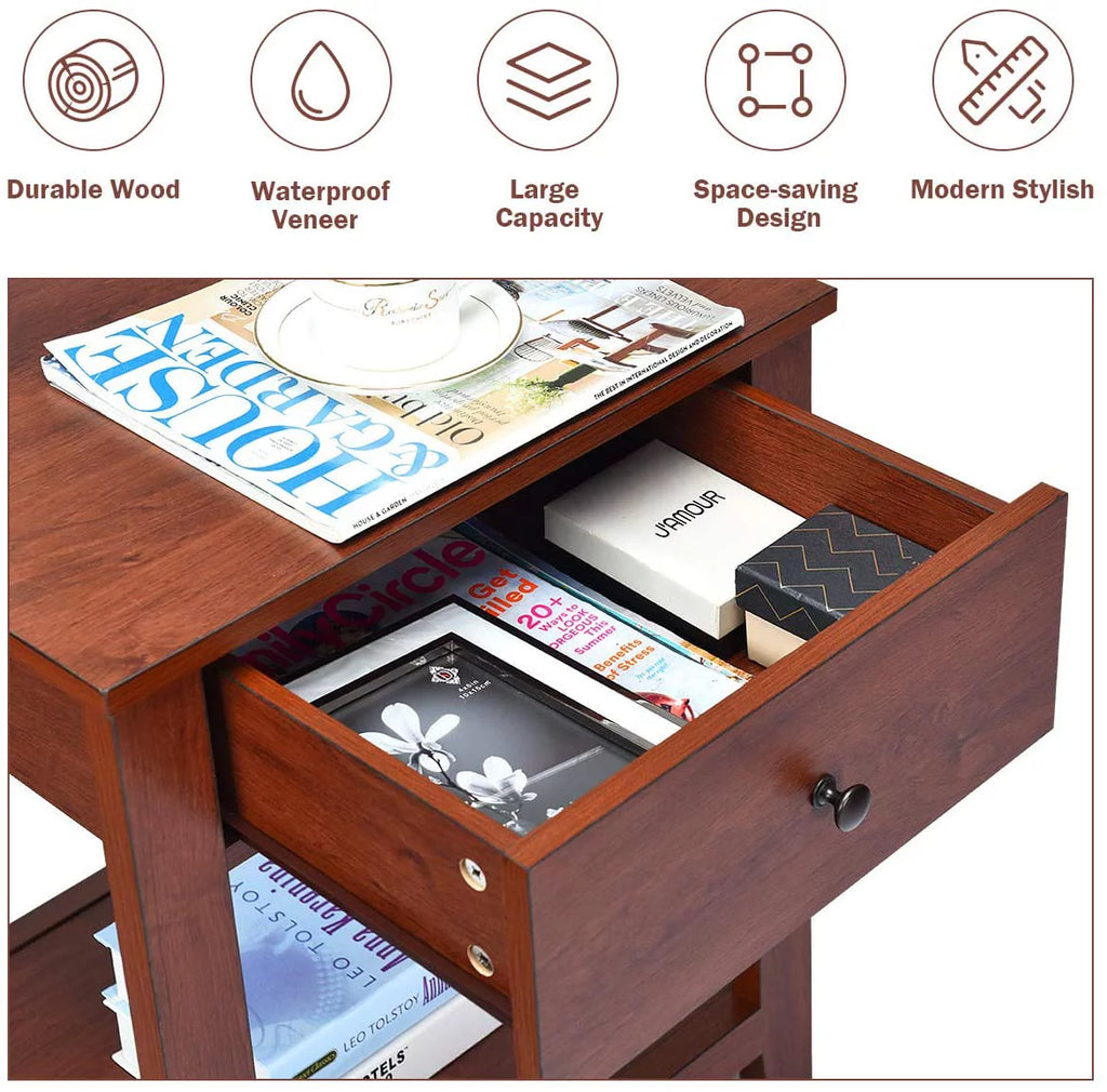 Wooden 2-Tier End Table with Drawer and Storage Shelf Q1759