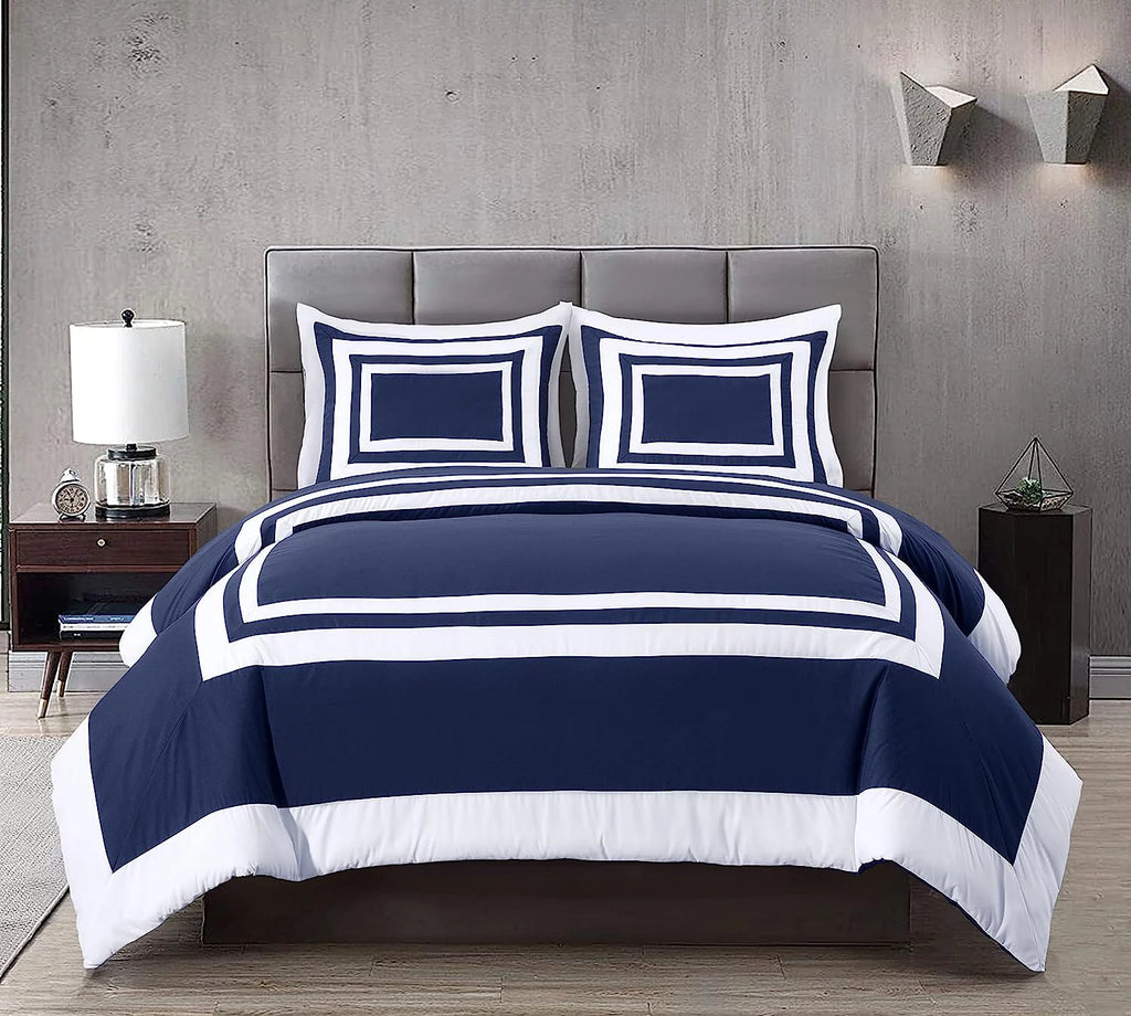 7-Piece King Comforter Set with Sheets Navy White Square Pattern I95367
