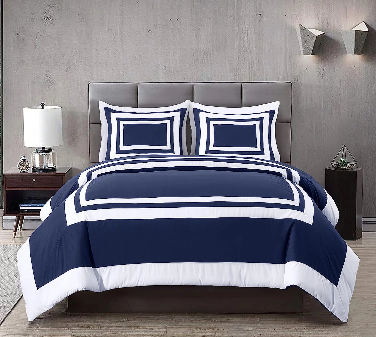7-Piece King Comforter Set with Sheets Navy White Square Pattern I95367