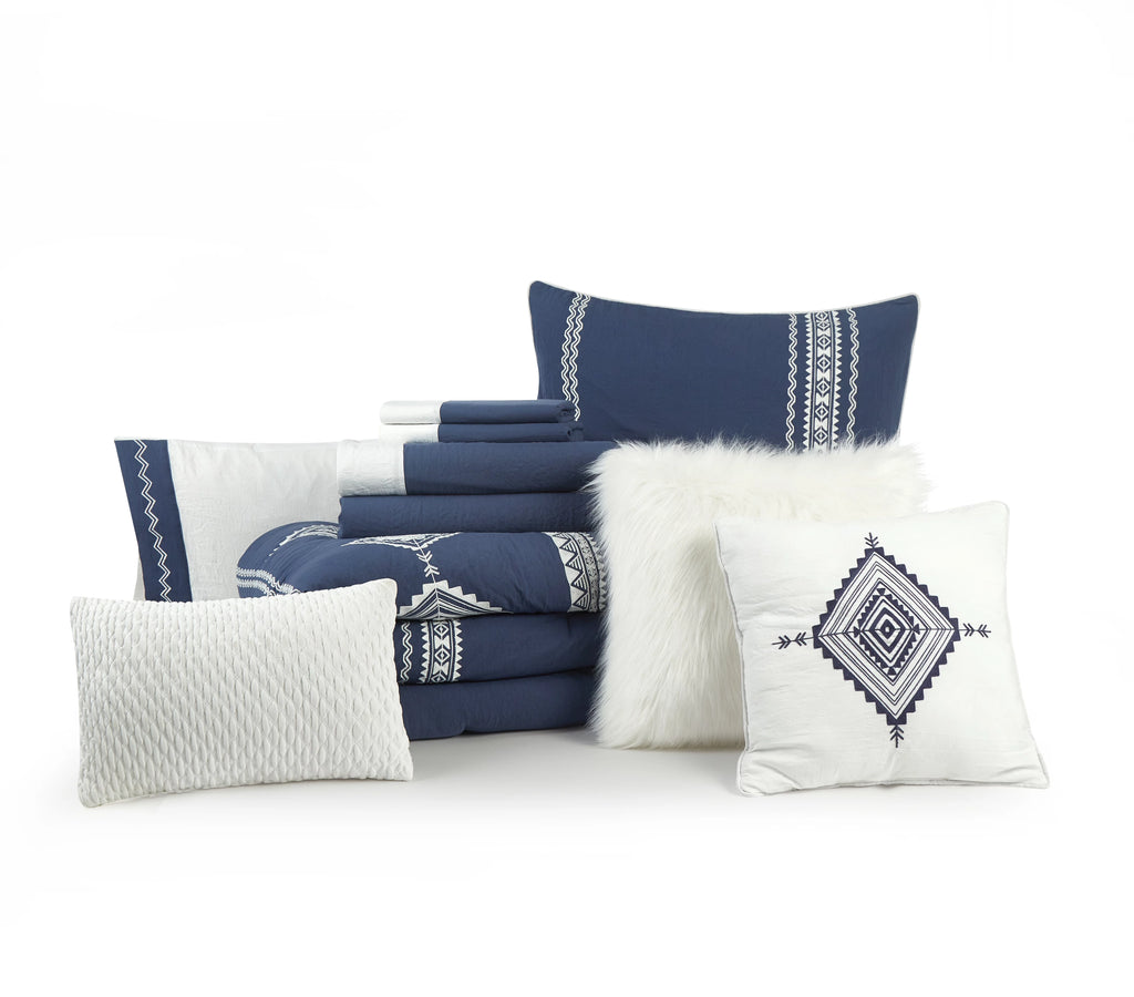 Navy Full Comforter Set with Sheets, Aztec, Polyester U168834