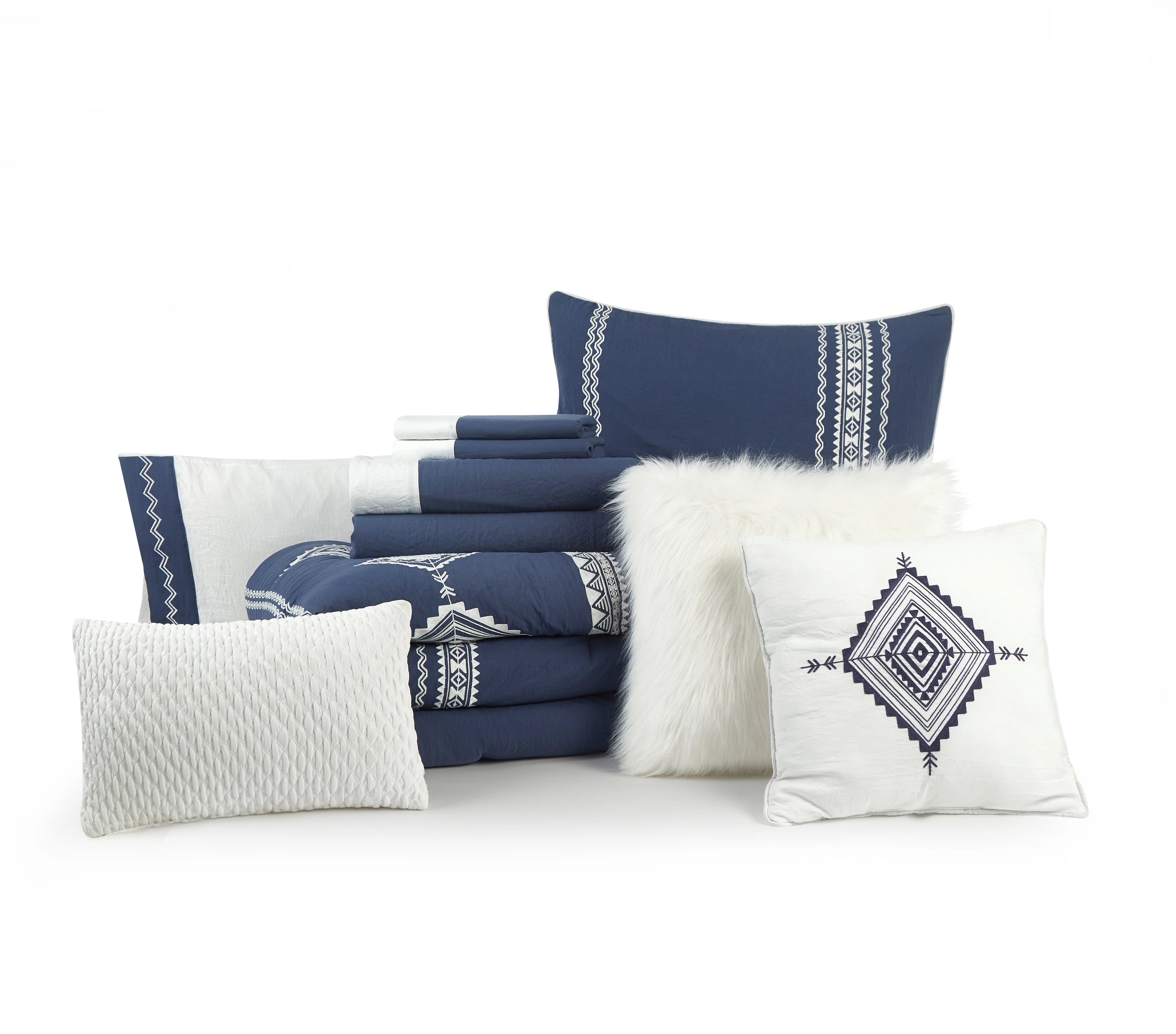 Navy Full Comforter Set with Sheets, Aztec, Polyester U168834