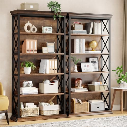 6-Tier Industrial Bookcase, 71 Inches Tall, Floor Standing Storage Shelves for Home Office, Brown and Black V7912
