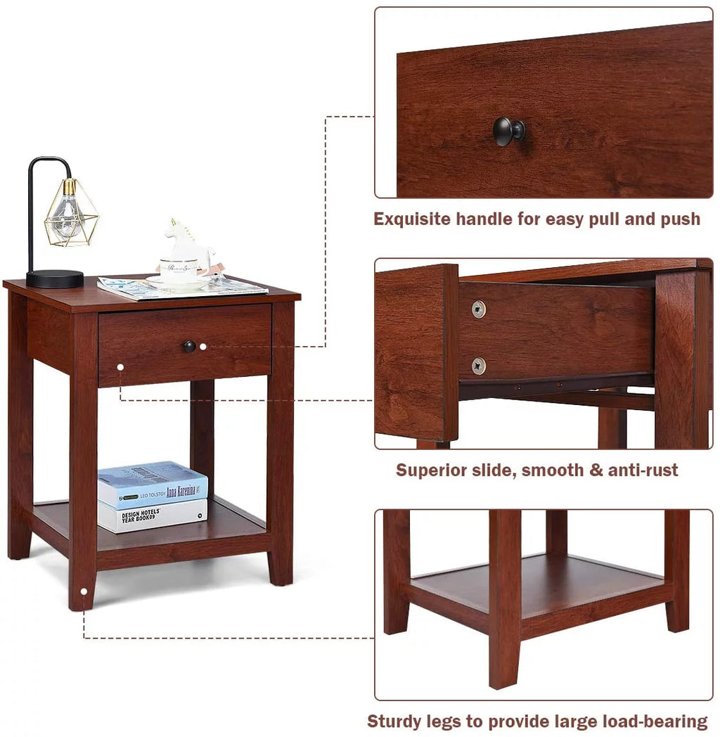 Wooden 2-Tier End Table with Drawer and Storage Shelf Q1759