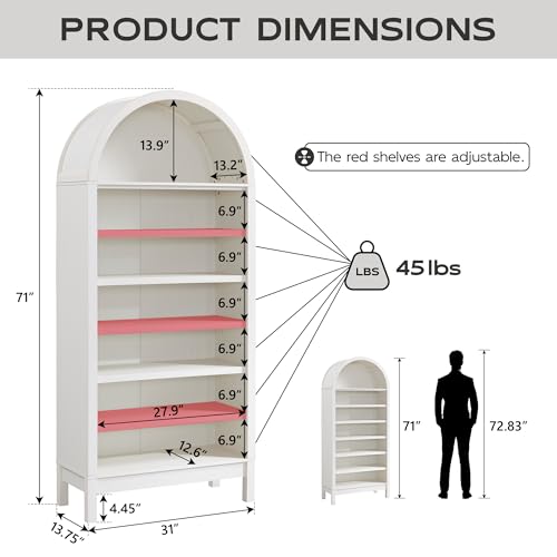 Arched Bookshelf, 7-Tier Bookcase with Adjustable Shelves A456